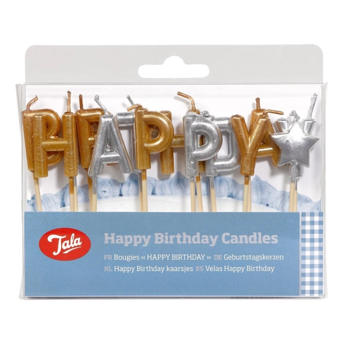 Kerzen Happy Birthday in gold und silber